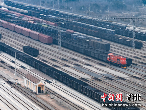图为电煤列车在武汉北站集结、转运。(王世炜 摄)